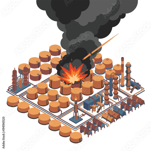 isometric vector flat oil refinery area explodes and burns 4