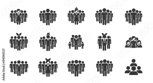 Collection of Crowd Icons Representing Groups of People.