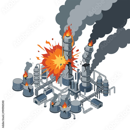 isometric vector flat oil refinery area explodes and burns 05