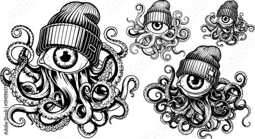 Set of 4 eye monster illustrations vector