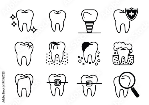 Dentistry Outline Icons Set Vector Illustration, Dental Care and Oral Health Line Symbols with Tooth, Dentist Tools, Clinic Equipment, and Medical Hygiene Elements for Healthcare Design