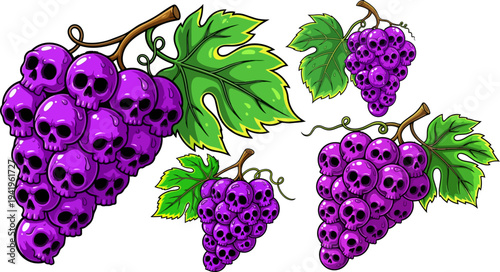 Set of purple grapes with skulls vector illustrations