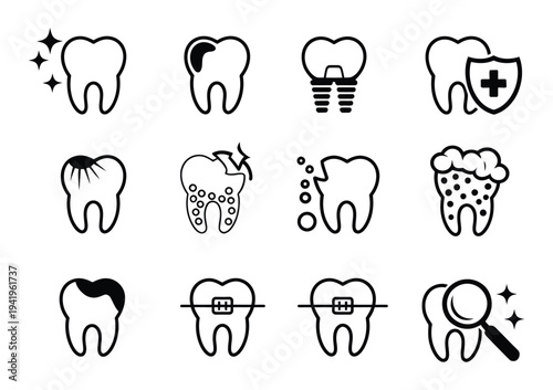 Dentistry Outline Icons Set Vector Illustration, Dental Care and Oral Health Line Symbols with Tooth, Dentist Tools, Clinic Equipment, and Medical Hygiene Elements for Healthcare Design