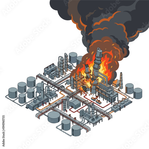 isometric vector flat oil refinery area explodes and burns 3