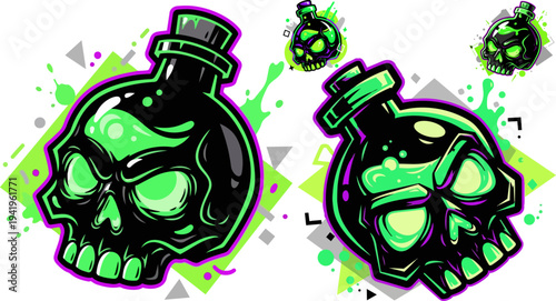 Set of 4 green skull potion bottle icons vector