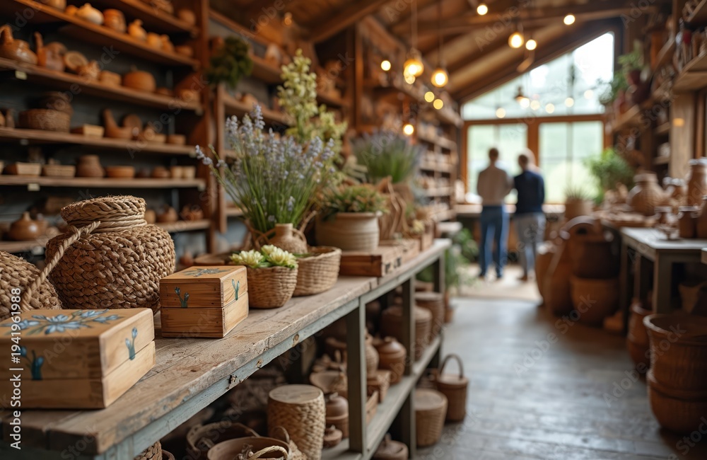 Fototapeta premium Rustic village shop interior with shelves full of pottery and woven baskets. Wooden boxes with painted flowers sit on a table. Two people stand near a large window.