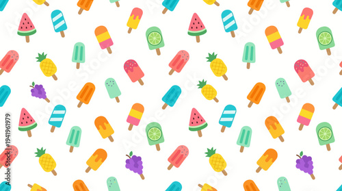 Seamless colorful summer popsicle and fruit pattern background.