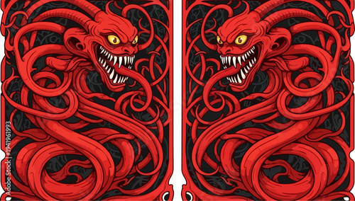 Set of 2 red dragon head illustrations vector