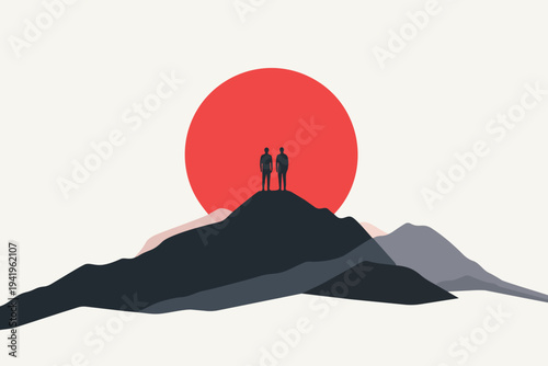A silhouette of a man and woman hiking a rocky mountain landscape at sunset toward a tree on the hill to celebrate success and freedom in nature