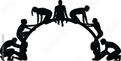 Silhouette of a human pyramid formation with seven people creating an arched structure group