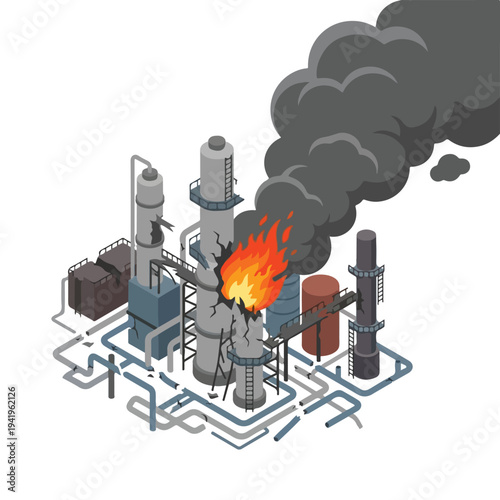isometric vector flat oil refinery area explodes and burns 0012