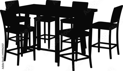Silhouette of a tall rectangular bar table with six matching stools arranged around it, modern dining or social settings