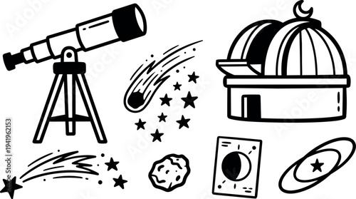 Black and white vector art of telescope comet stars observatory moon phase and cosmic galaxy elements on white background