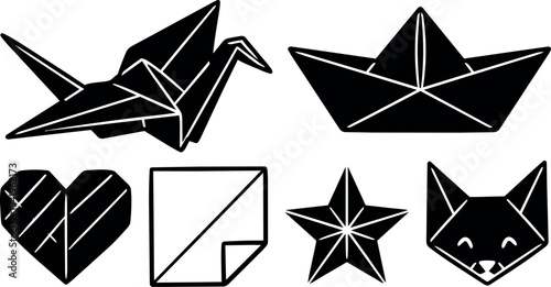 Minimalist black and white vector icons of origami crane heart star paper boat and fox face with simple fold lines