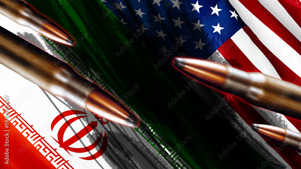 Obraz premium Conflict between Iran and USA shown through flags and bullets in an artistic representation