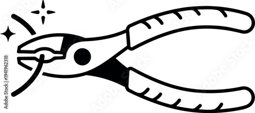 Minimalist black and white vector art of pliers gripping wire with sparkling effect and textured handle design in simple tool illustration