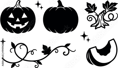 Halloween style spooky smiling jack o lantern pumpkin with vine leaves and pumpkin slice isolated vector elements in black silhouette
