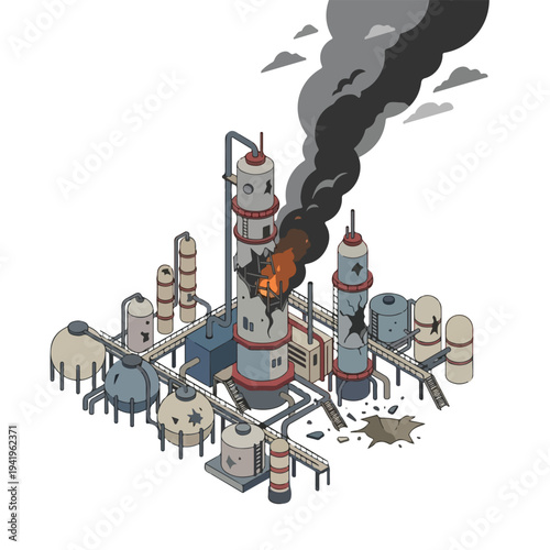 isometric vector flat oil refinery area explodes and burns 008