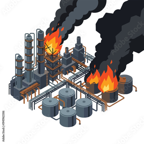 isometric vector flat oil refinery area explodes and burns 007
