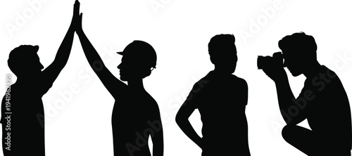 Silhouettes of four men in different poses including five, wearing hard hat, and taking with camera