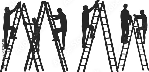Silhouettes of people climbing ladders in various poses representing teamwork and progress towards a common goal