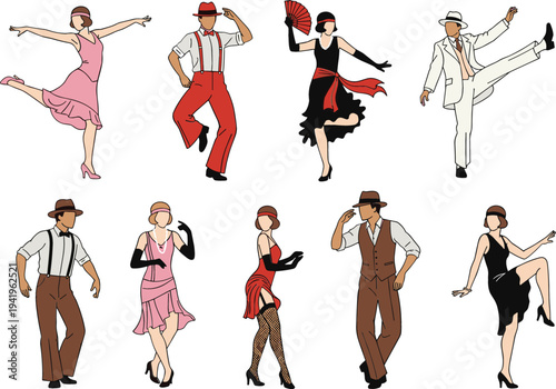 Vintage jazz age dancers collection performing Charleston and swing dance moves, retro 1920s fashion characters dancing in energetic party poses illustration