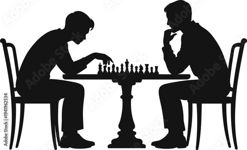 Silhouettes of two men playing chess at a round table, engaged in a strategic board game, black and white