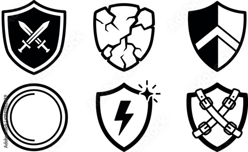 Black and white vector icons of six different shields including crossed swords lightning bolt cracked shield and crossed belt straps