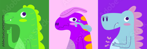 Set of Three Colorful Cartoon Illustration Dinosaurs Expressing Happy, Sad, and Sick Emotions