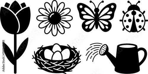 Black silhouette flat design set of spring garden icons with tulip flower daisy butterfly ladybug bird nest eggs and watering can