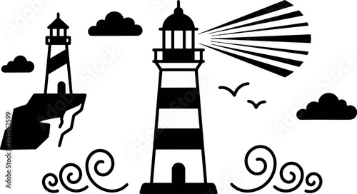Black and white lighthouse vector art with rocky cliff birds and waves stylized clouds simple nautical design