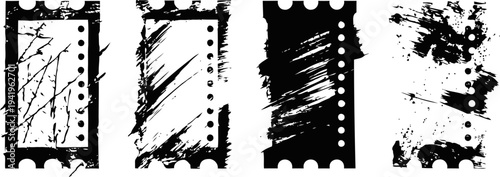Grunge ticket stubs collection with distressed, scratched, and torn edges in black and white