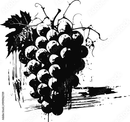 Black and white artistic grape cluster illustration with vine leaves and textured brush strokes