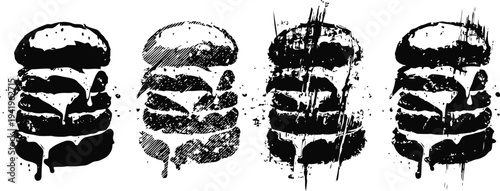 Four abstract burger silhouettes with ink splatter on white background, grunge fast food illustration