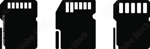 Three black silhouette of micro SD memory cards with visible contact pins, representing digital storage and data technology