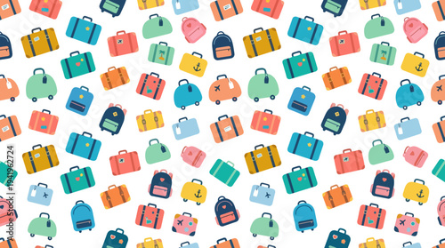 Seamless colorful travel luggage and backpack pattern on white background.