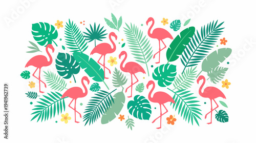 Seamless tropical pink flamingo and palm leaf pattern with flowers.