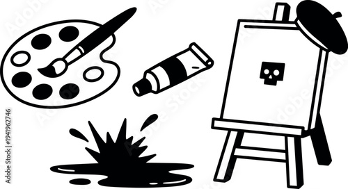 Black and white vector art set with paint palette brush tube easel and ink splash simple illustration design