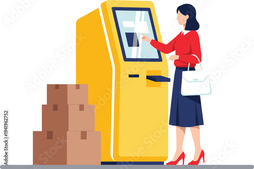 Woman using self service parcel locker kiosk for package pickup and delivery, automated shipping terminal with boxes for e commerce logistics concept