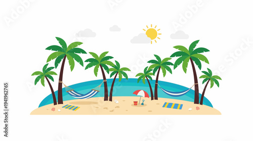 Sunny tropical beach with palm trees, hammock and relaxing visitors.