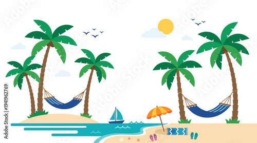 Tropical beach scene with hammock and sailboat illustration.