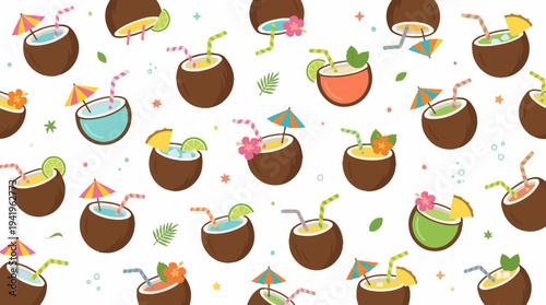 Seamless colorful tropical coconut cocktail pattern with umbrellas and straws.
