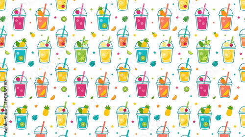 Seamless colorful tropical beverage pattern with cups and straws.