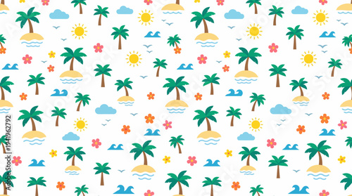 Seamless colorful summer beach pattern with palm trees sails and sun icons.