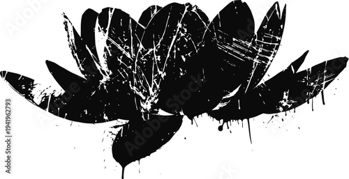 Black grunge abstract lotus flower silhouette with rough texture and paint splatter effect