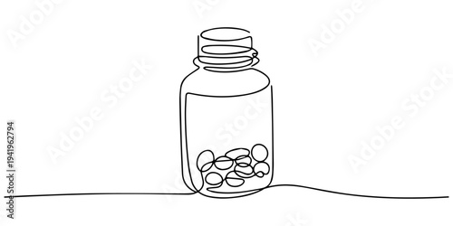 Amber glass bottle with pills continuous one line drawing, line art drawing vector illustration of drugs, medicaments, nutritional supplements from bottle, Bottle with scattered pills, tablets, capsul