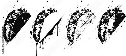 taco silhouette set with sauce drip and bite marks, mexican food design elements