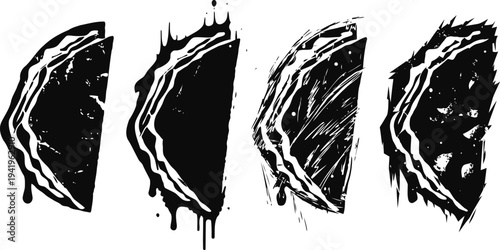 Grunge dripping pie slice silhouettes abstract bakery dessert illustrations in black and white