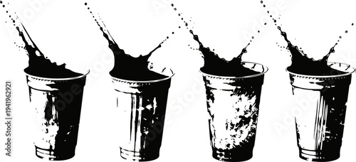 Black paint splashes falling into four containers in motion sequence isolated on white background