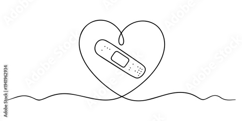 heart with bandage continuous one line drawing, Continuous Line Drawing of Heart Patch Repair Minimalist Love Concept Vector Illustration, Band-Aids Line Art Illustration Symbolizing Healing Love pro.